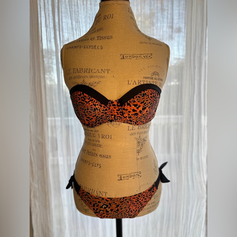 Insight Orange and Black Leopard Print Bikini Strapless Top and Side Tie Bottom